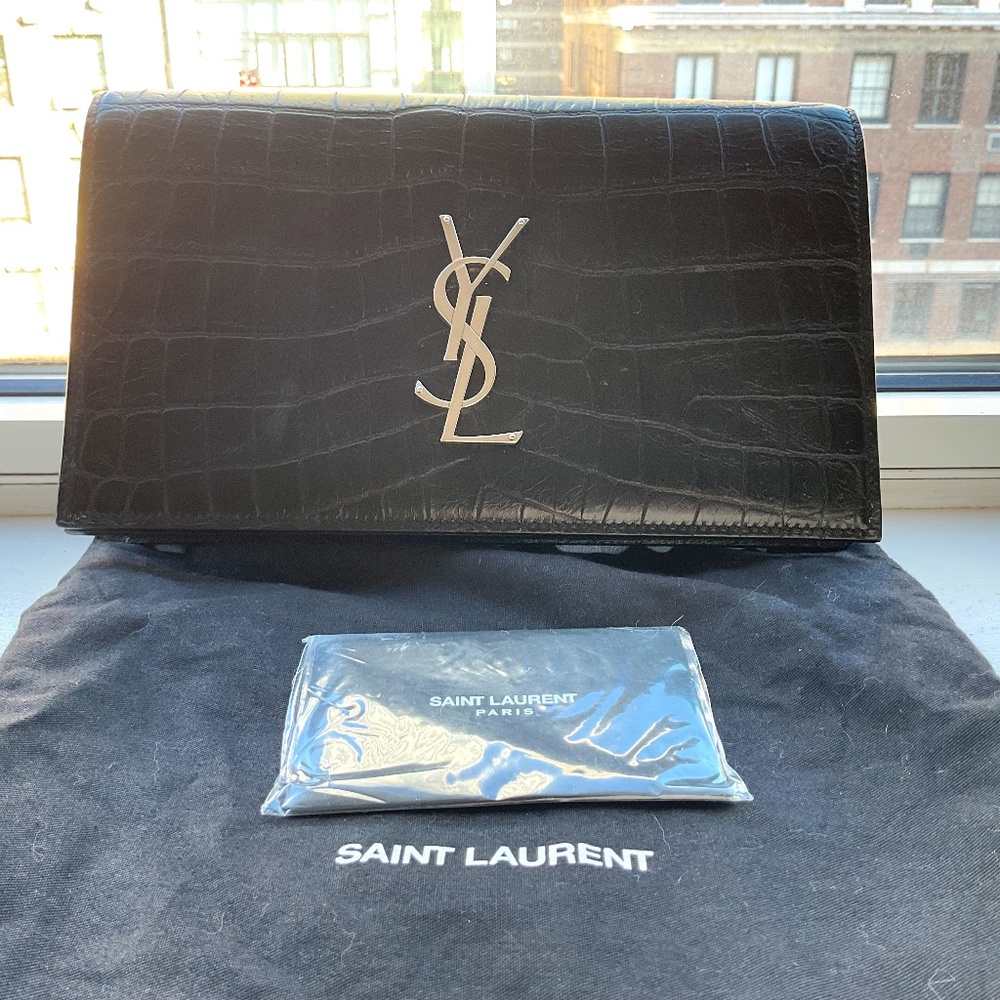 Saint Laurent Black Croc Embossed Kate Clutch - w/tags from SSENSE and dust bag